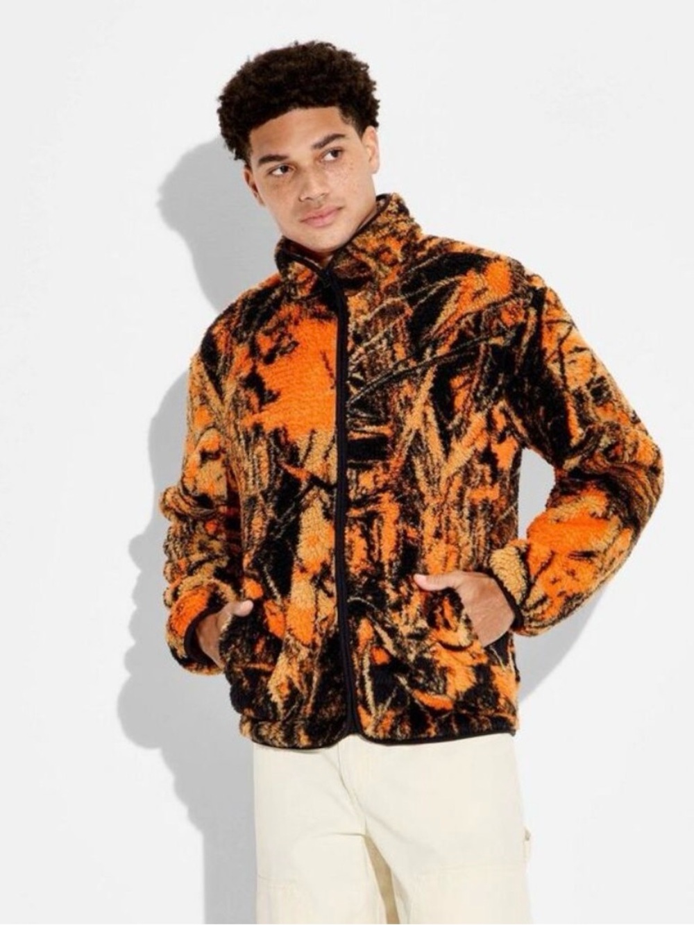 Original Use Men's Plaid High Pile Fleece Shirt in Orange/Black